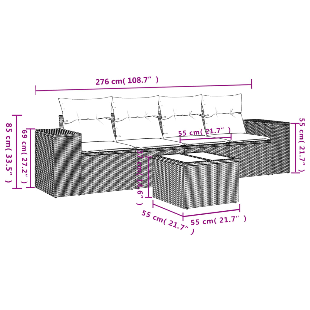 vidaXL 5-delige Loungeset met kussens poly rattan grijs afbeelding