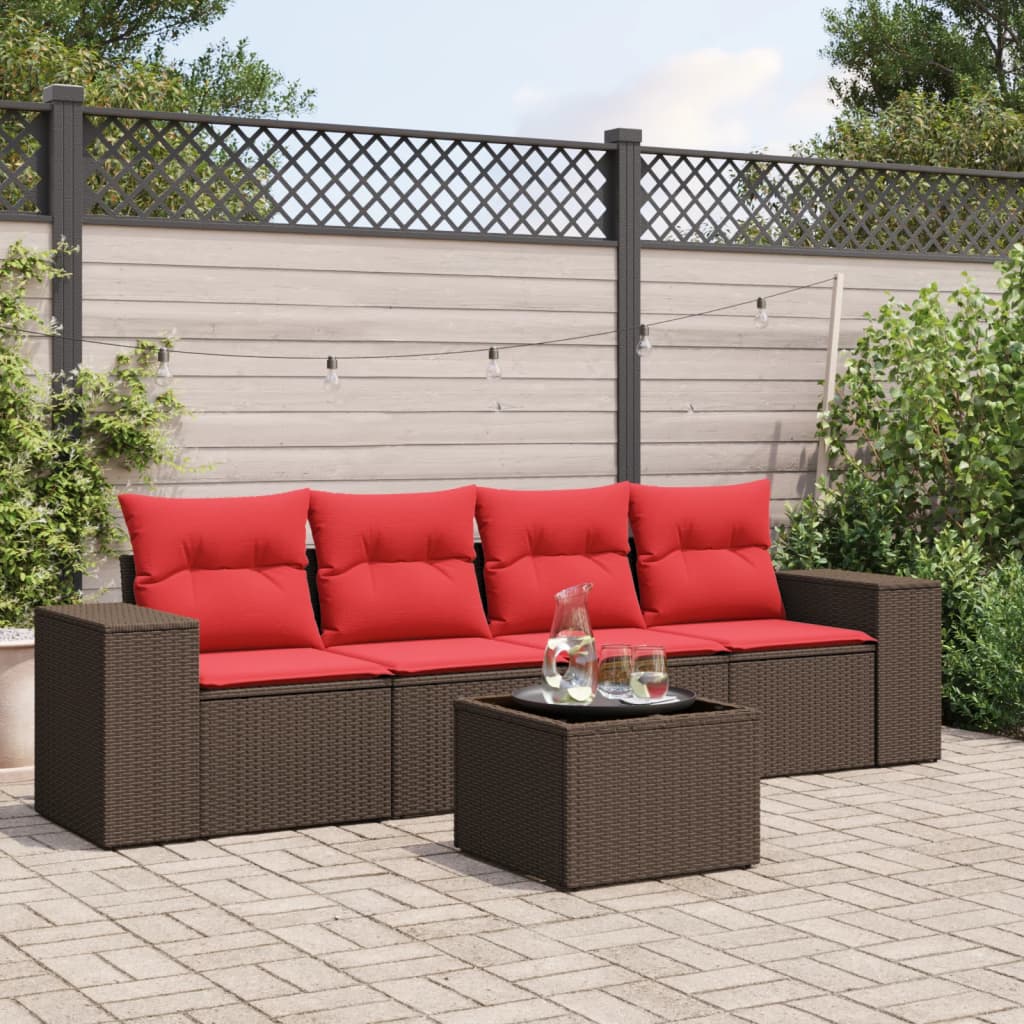5 Piece Patio Sofa Set with Cushions Brown Poly Rattan