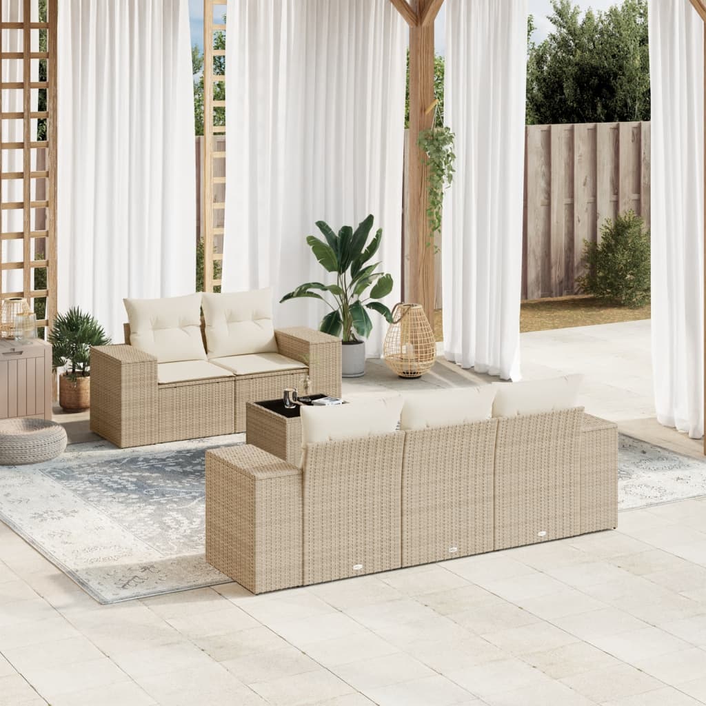 vidaXL 6-tlg. Garten-Sofagarnitur mit Kissen Beige Poly Rattan