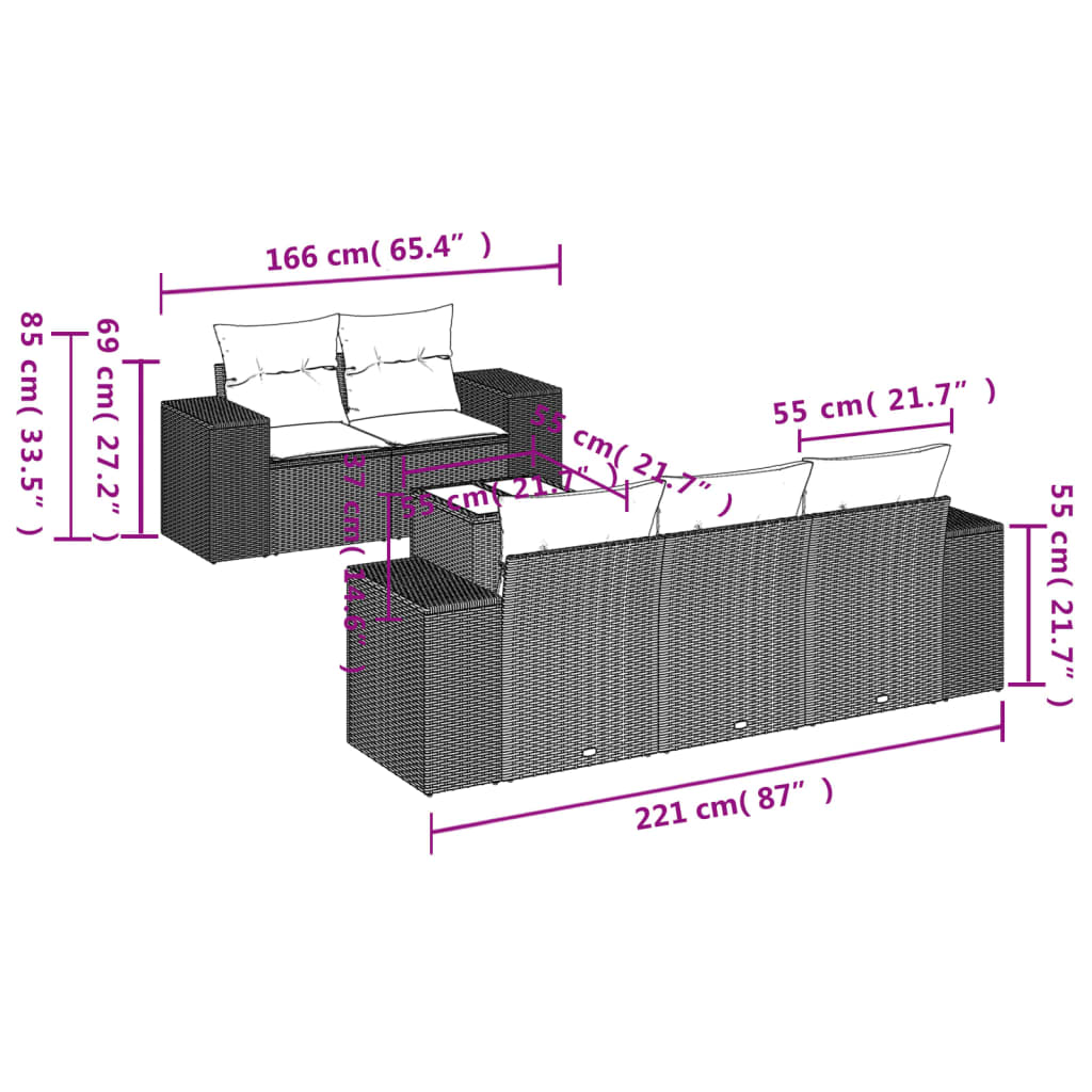 vidaXL 6-delige Loungeset met kussens poly rattan bruin