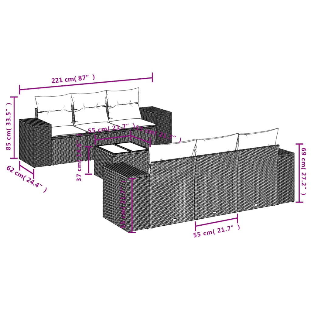 vidaXL 7-delige Loungeset met kussens poly rattan grijs afbeelding