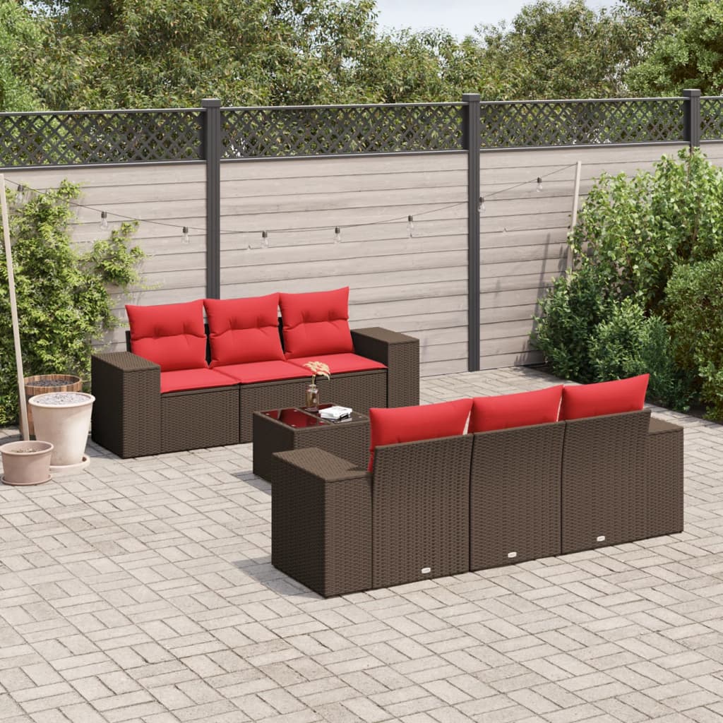 7 Piece Patio Sofa Set with Cushions Brown Poly Rattan