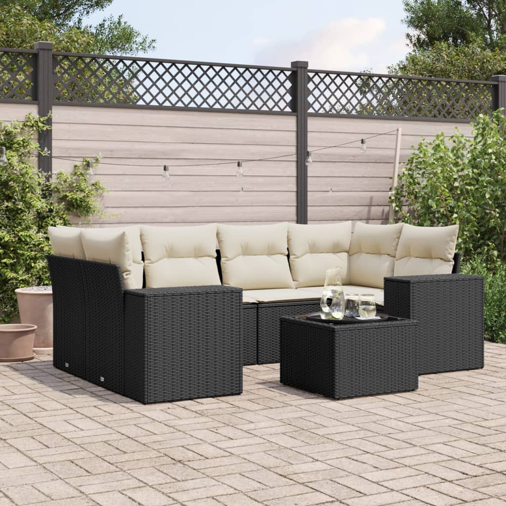 vidaXL 7-tlg. Garten-Sofagarnitur mit Kissen Schwarz Poly Rattan