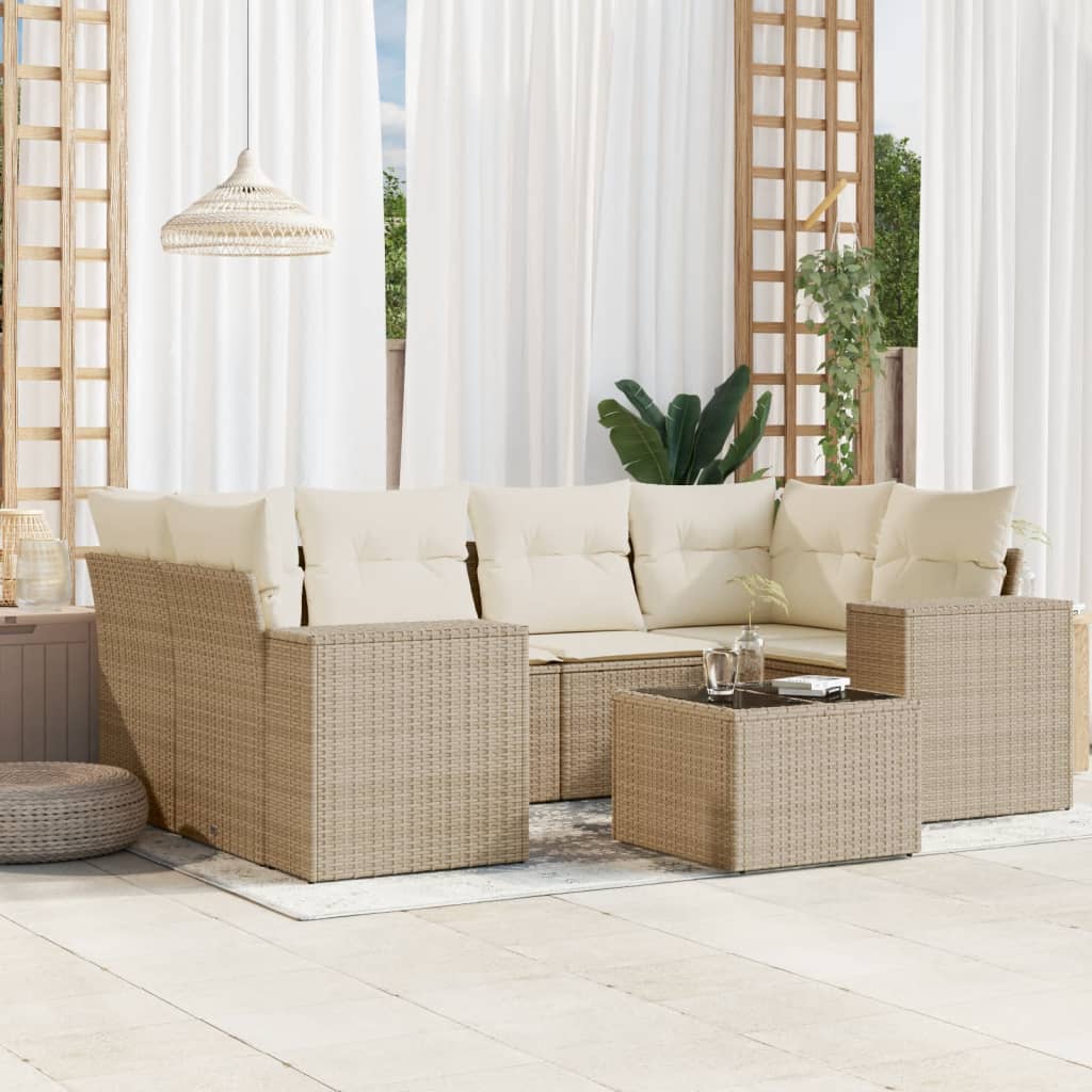 vidaXL 7-tlg. Garten-Sofagarnitur mit Kissen Beige Poly Rattan