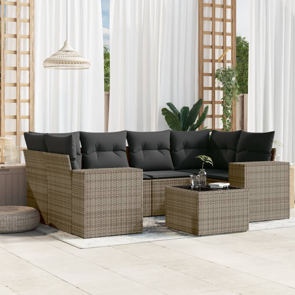 vidaXL 7-tlg. Garten-Sofagarnitur mit Kissen Grau Poly Rattan