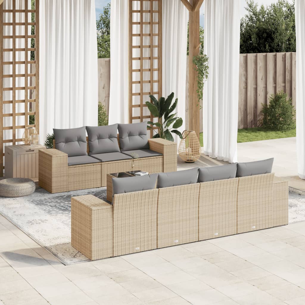 vidaXL 8-tlg. Garten-Sofagarnitur mit Kissen Beige Poly Rattan