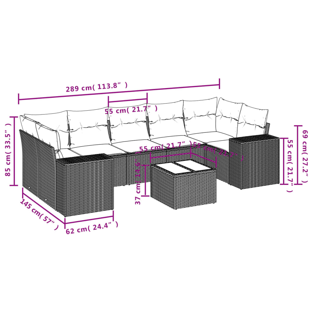 vidaXL 8-delige Loungeset met kussens poly rattan bruin