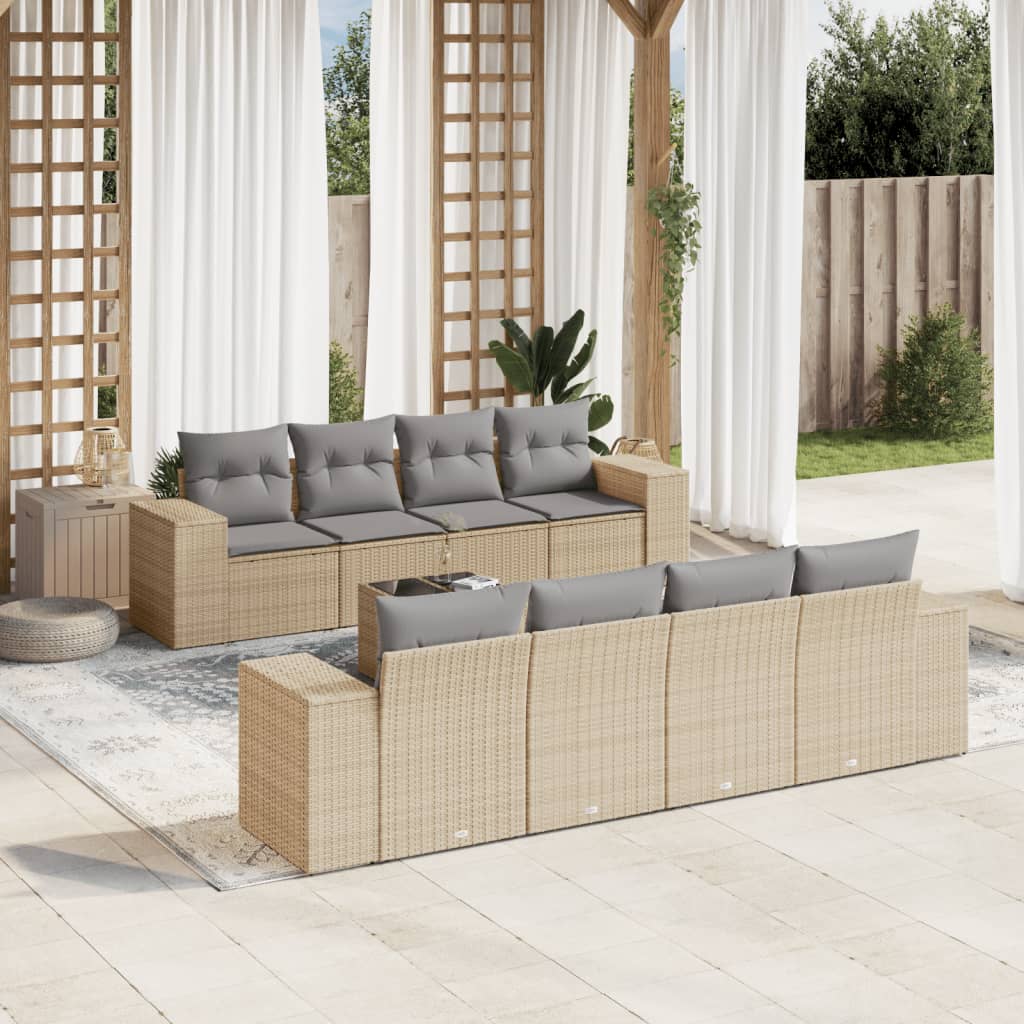 vidaXL 9-tlg. Garten-Sofagarnitur mit Kissen Beige Poly Rattan