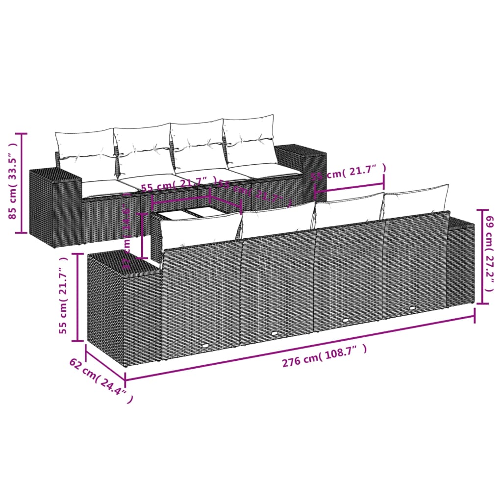 vidaXL 9-delige Loungeset met kussens poly rattan bruin