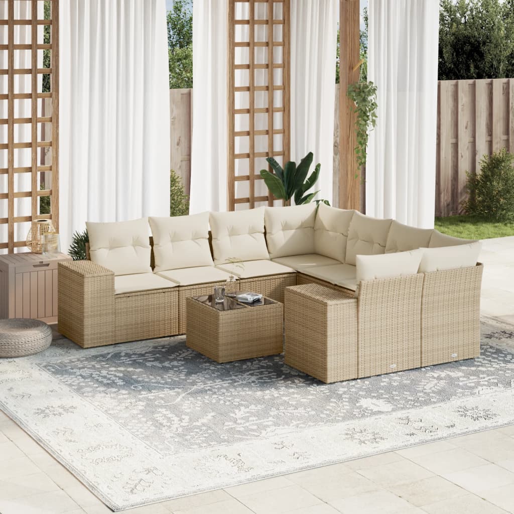 vidaXL Set canapele de grădină, 9 piese, cu perne, bej, poliratan