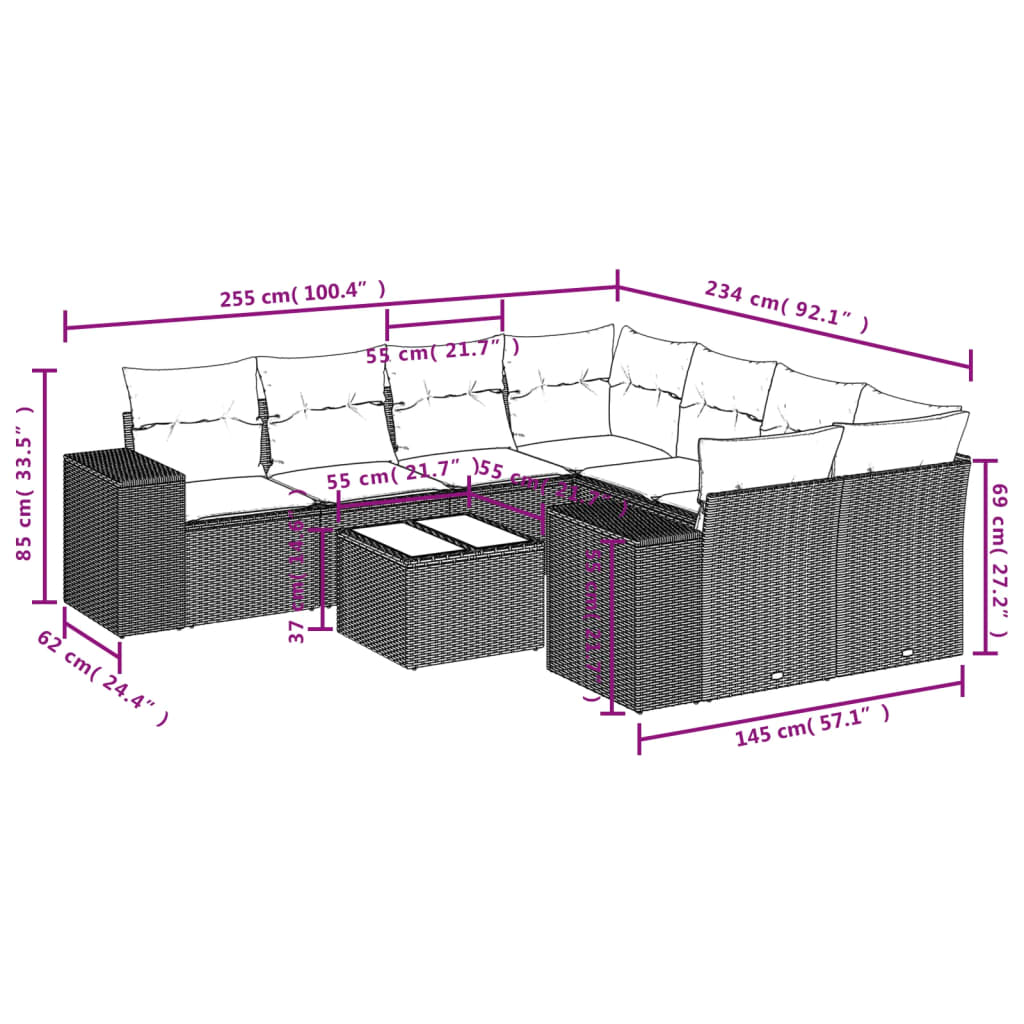 vidaXL 9-delige Loungeset met kussens poly rattan grijs afbeelding