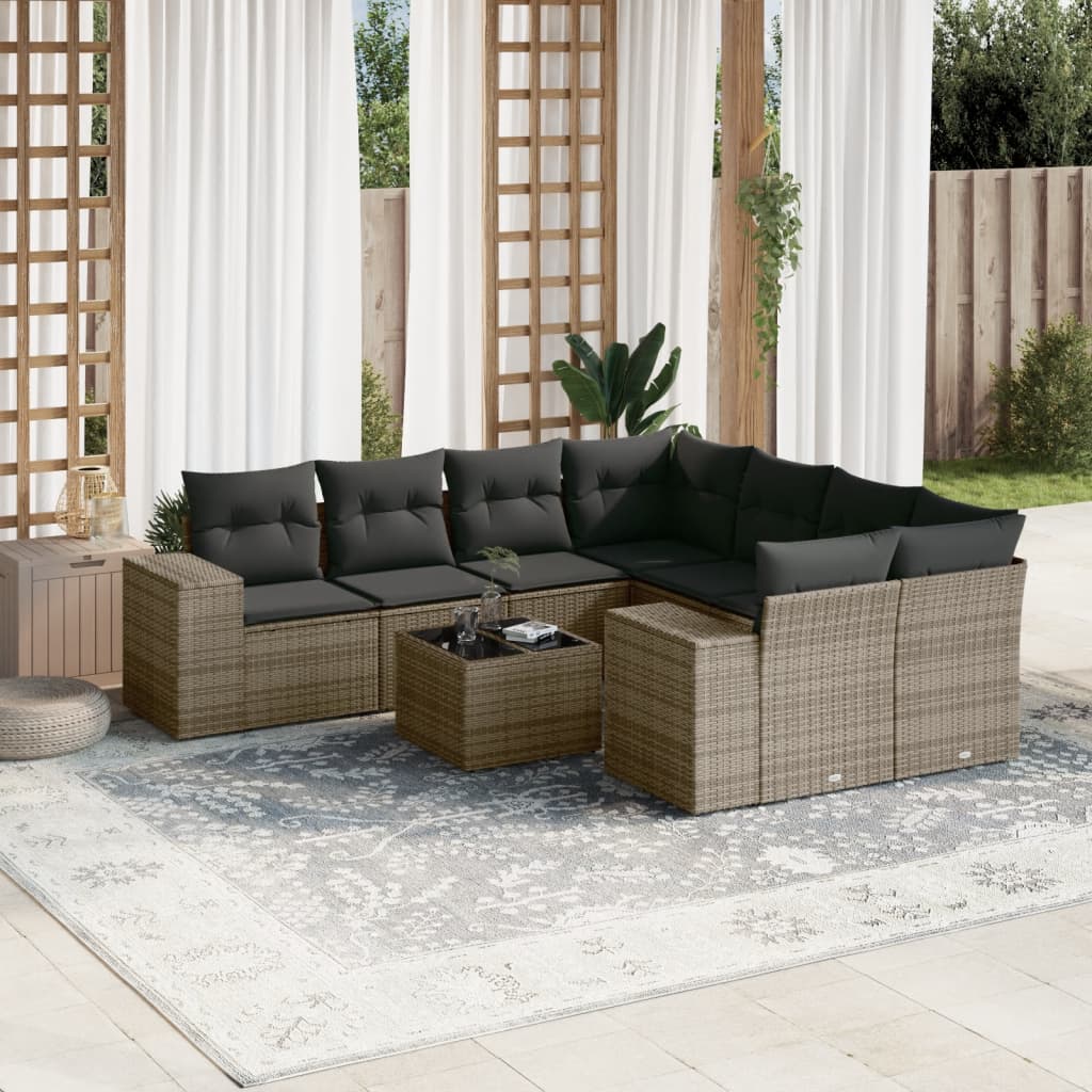 vidaXL Set canapele de grădină, 9 piese, cu perne, gri, poliratan