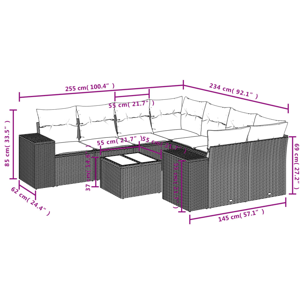 vidaXL 9-delige Loungeset met kussens poly rattan bruin