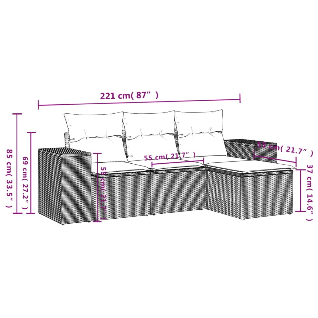 vidaXL 4-delige Loungeset met kussens poly rattan zwart afbeelding