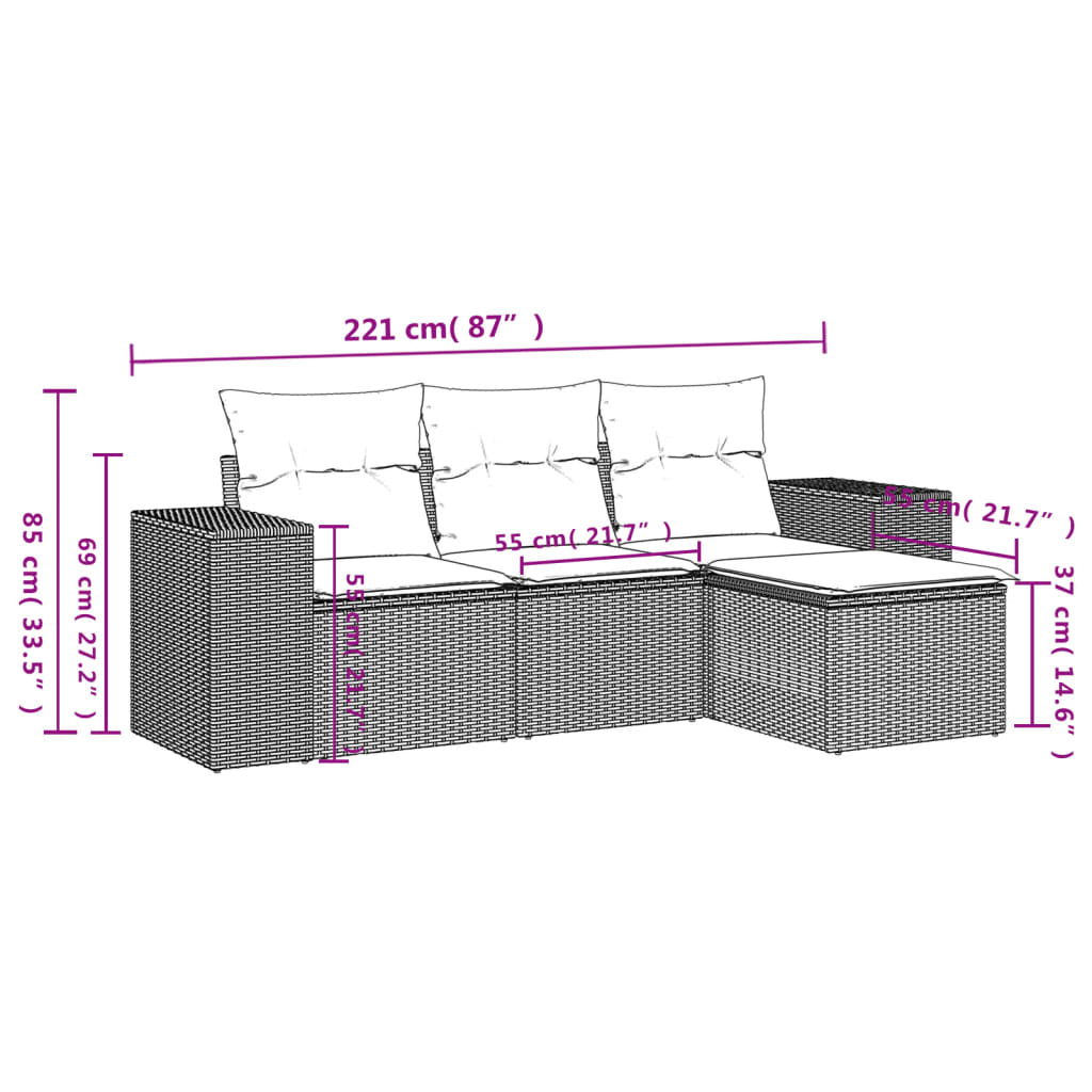 vidaXL 4-delige Loungeset met kussens poly rattan beige afbeelding
