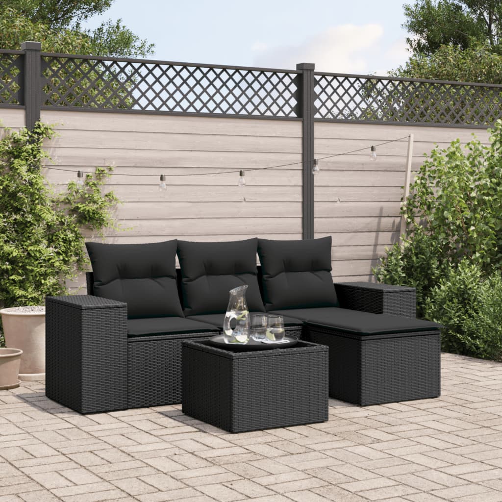 vidaXL 5-tlg. Garten-Sofagarnitur mit Kissen Schwarz Poly Rattan