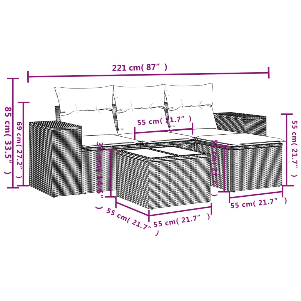 Thumbnail - vidaXL 5-tlg. Garten-Sofagarnitur mit Kissen Beige Poly Rattan