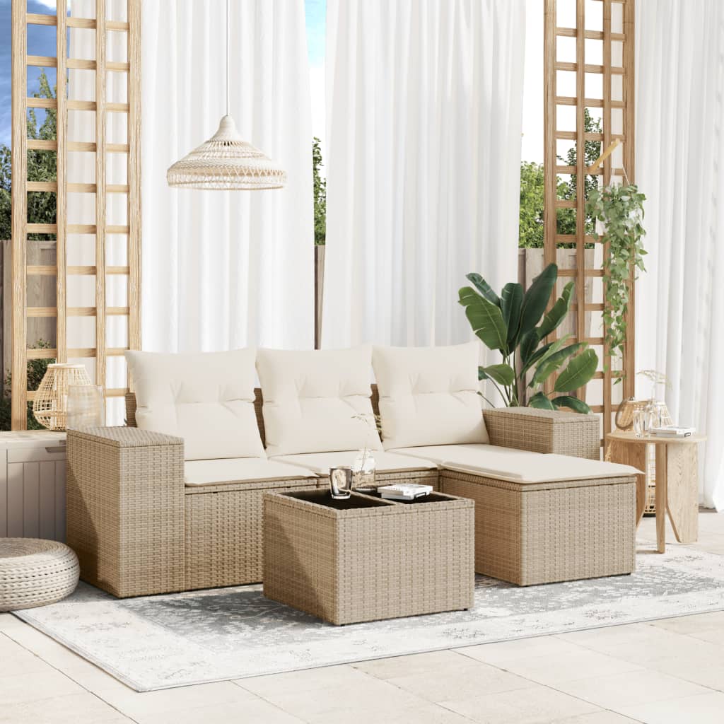 vidaXL 5-tlg. Garten-Sofagarnitur mit Kissen Beige Poly Rattan