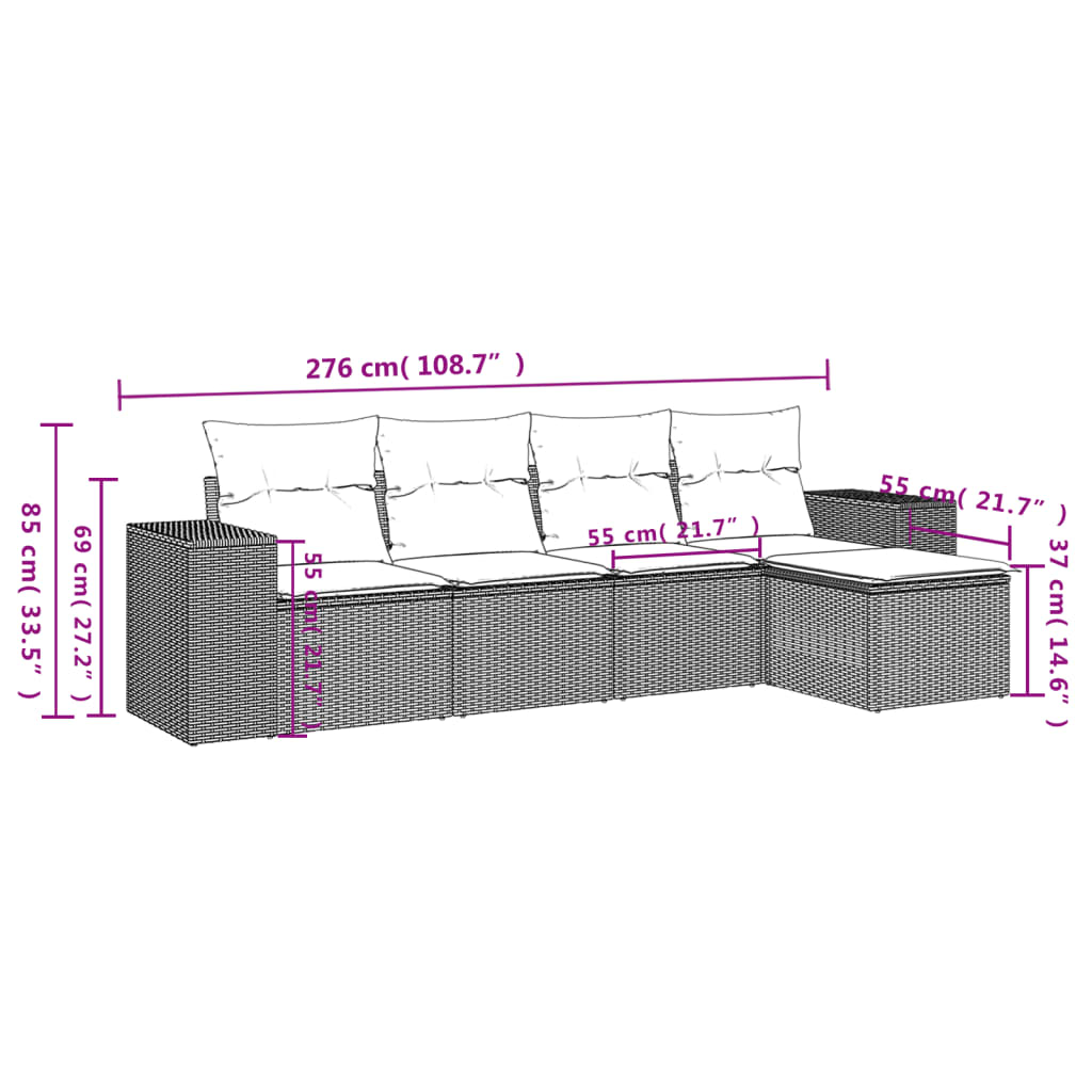 vidaXL 5-delige Loungeset met kussens poly rattan zwart afbeelding