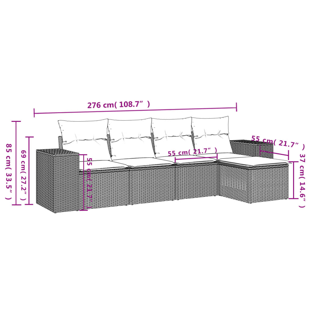 vidaXL 5-delige Loungeset met kussens poly rattan bruin