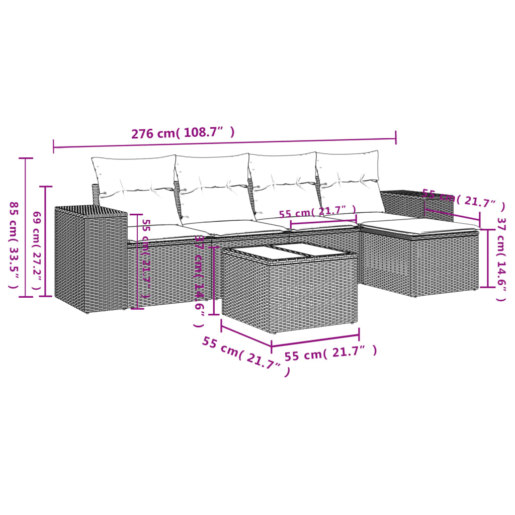 Set mobilier de grădină cu perne, 6 piese, negru, poliratan 3254832 - imagine 3