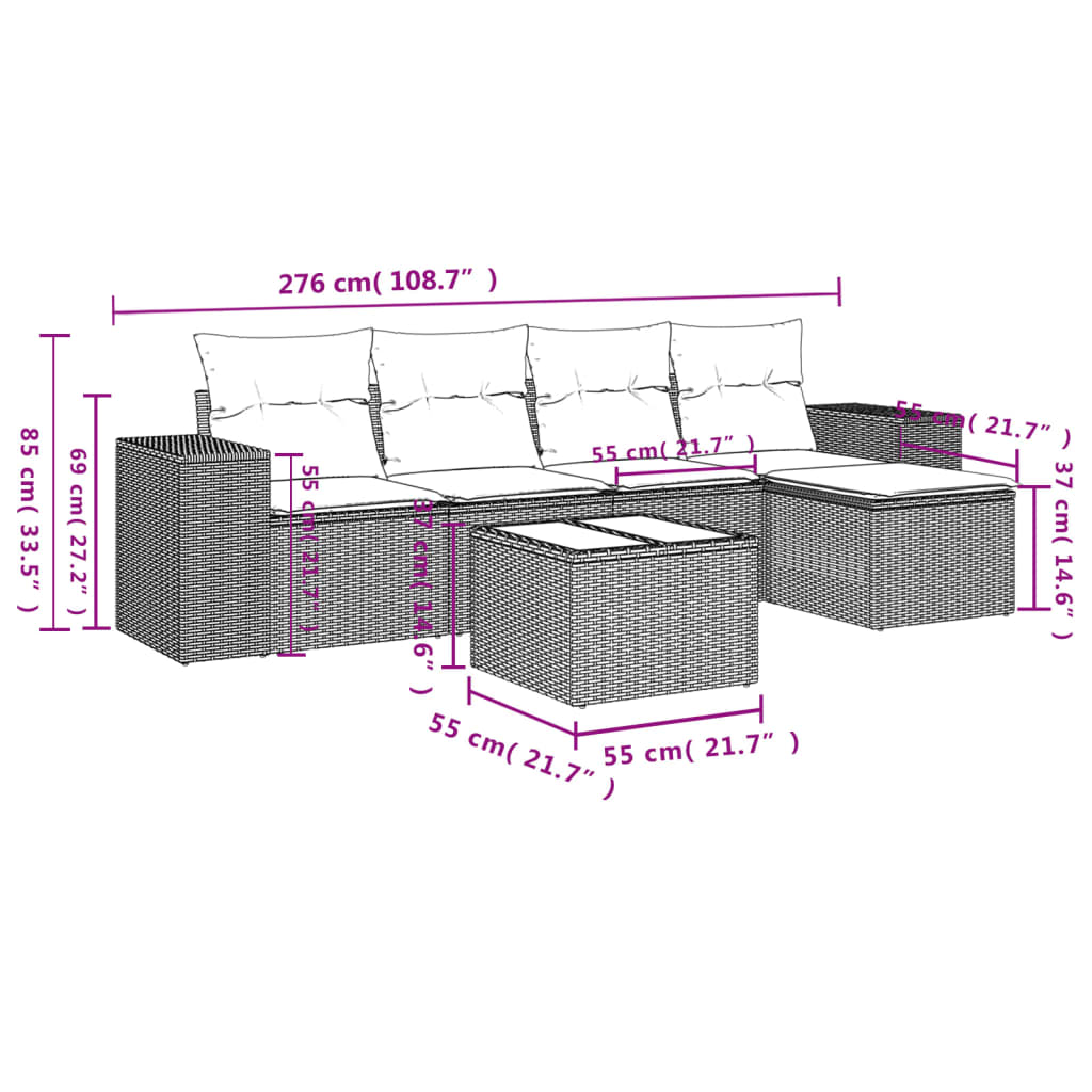 Set mobilier de grădină cu perne, 6 piese, negru, poliratan 3254833 - imagine 3