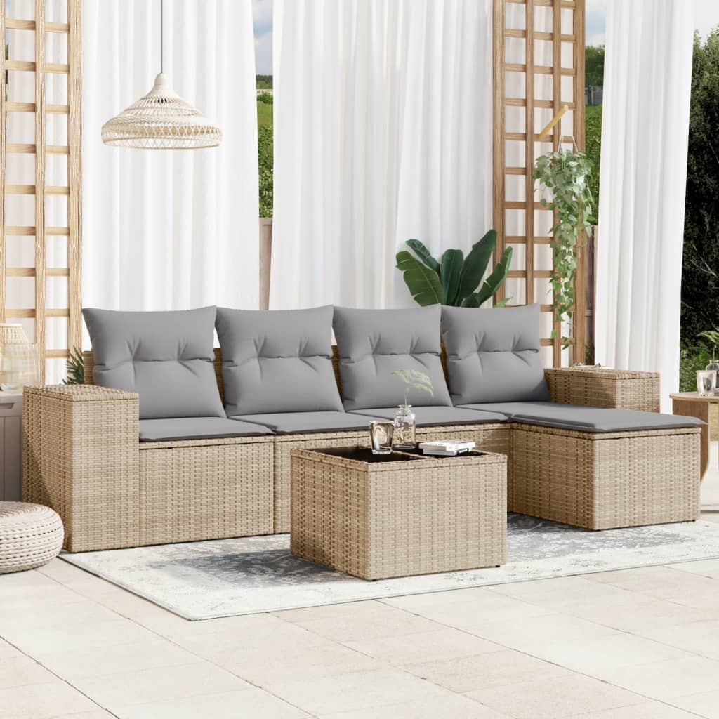 vidaXL 6-tlg. Garten-Sofagarnitur mit Kissen Beige Poly Rattan