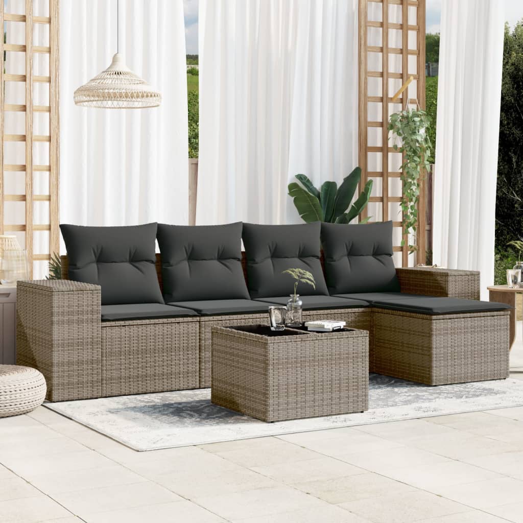 vidaXL 6-tlg. Garten-Sofagarnitur mit Kissen Grau Poly Rattan