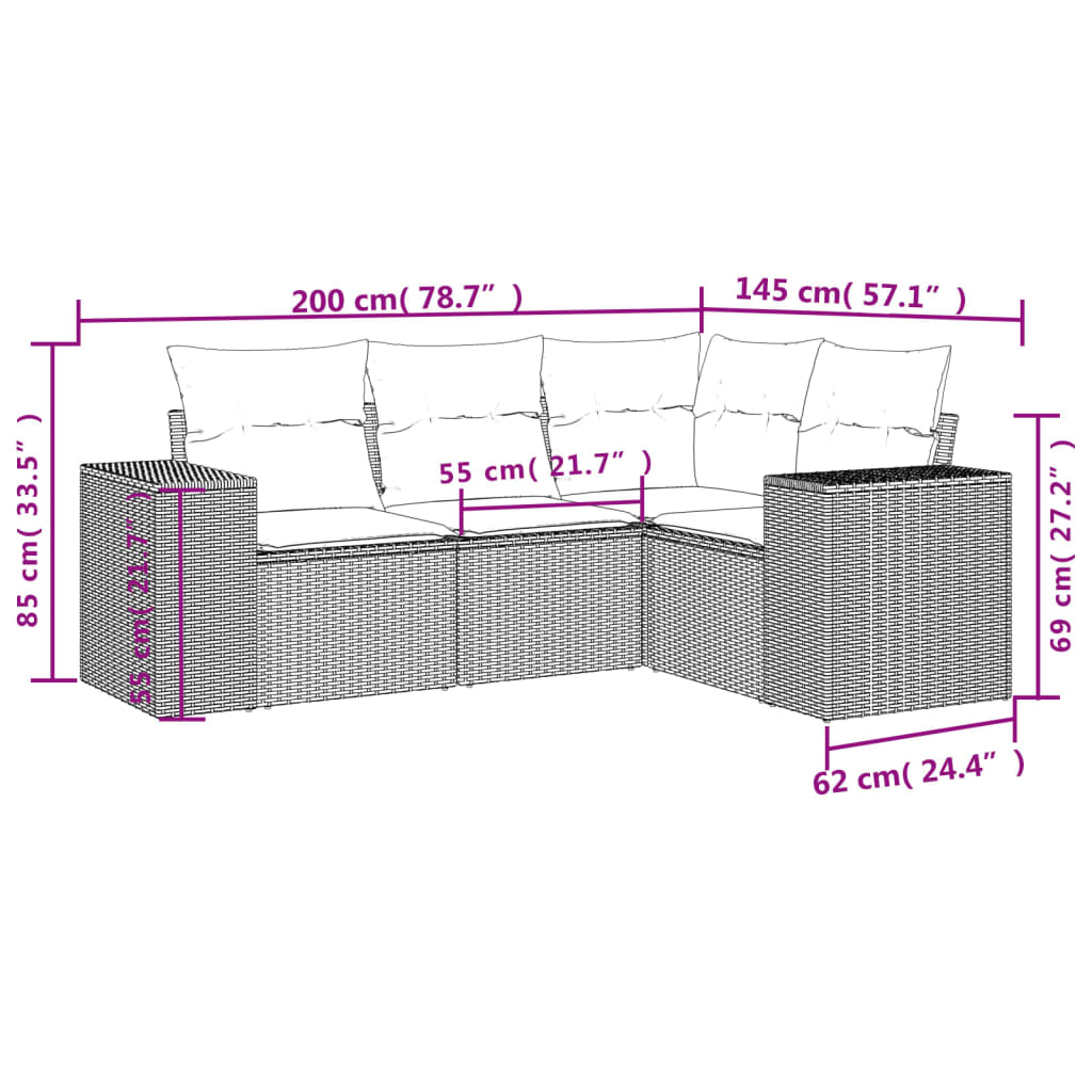 vidaXL 4-delige Loungeset met kussens poly rattan bruin