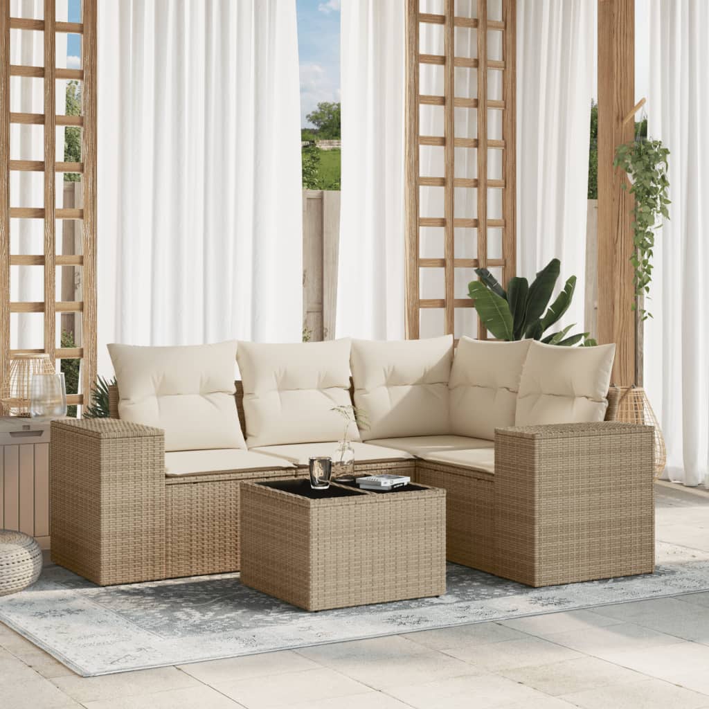 vidaXL 5-tlg. Garten-Sofagarnitur mit Kissen Beige Poly Rattan