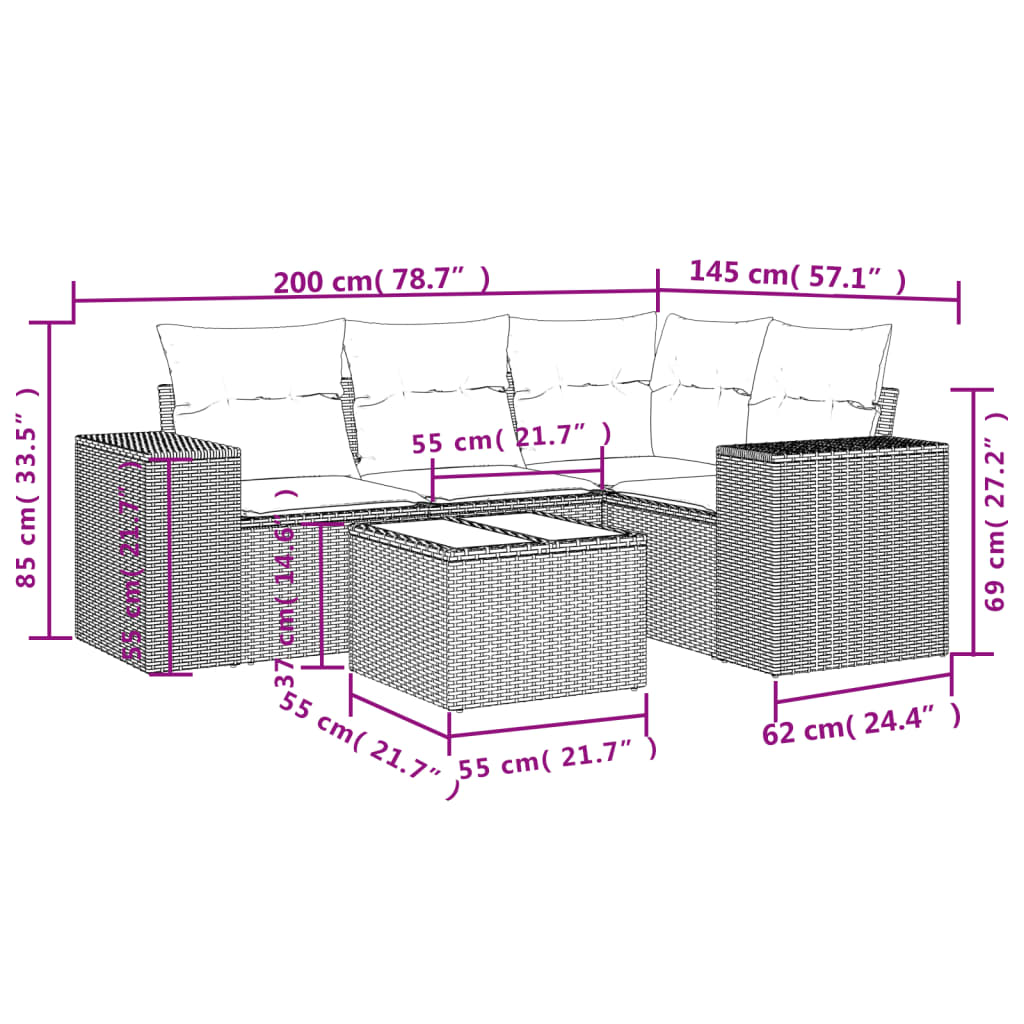 vidaXL 5-delige Loungeset met kussens poly rattan bruin