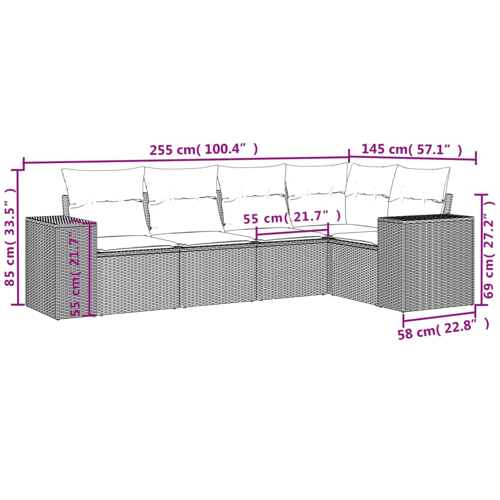 vidaXL 5-delige Loungeset met kussens poly rattan zwart afbeelding