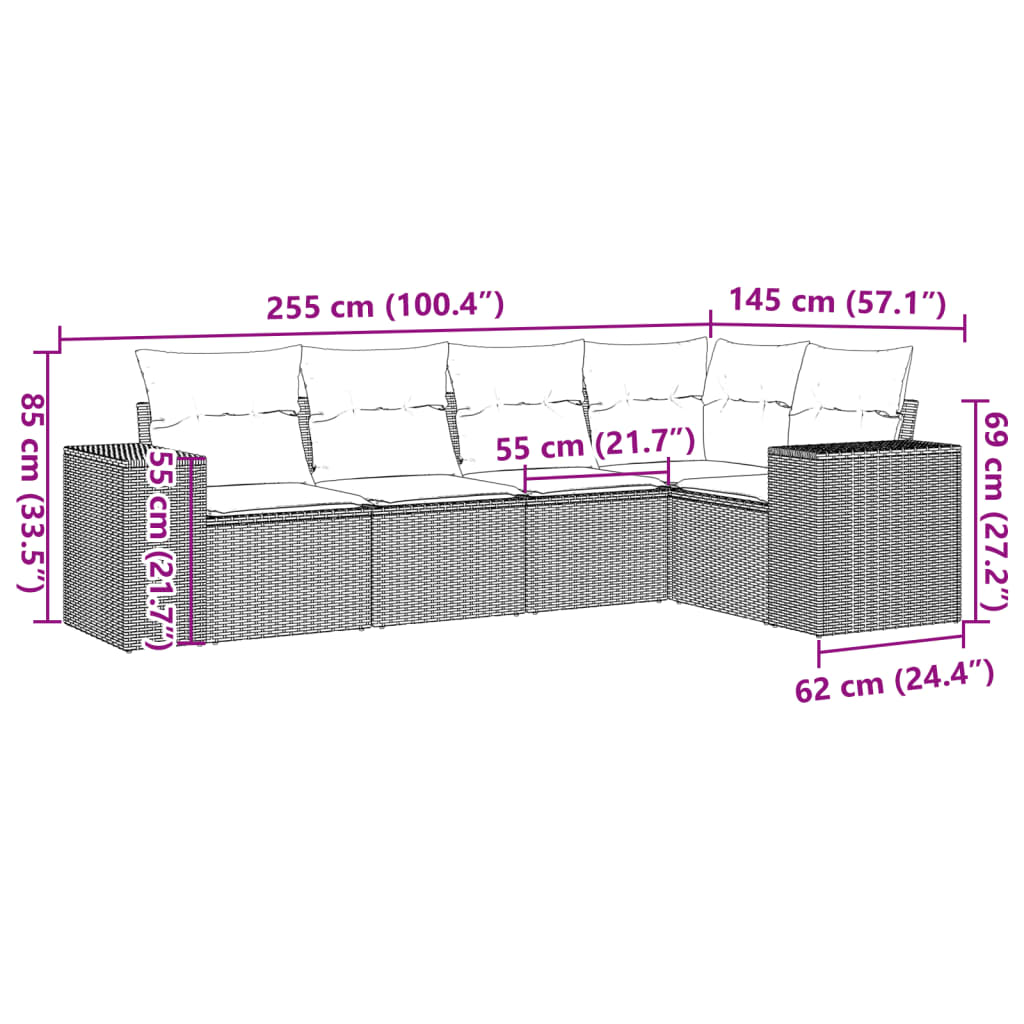 vidaXL 5-delige Loungeset met kussens poly rattan zwart afbeelding
