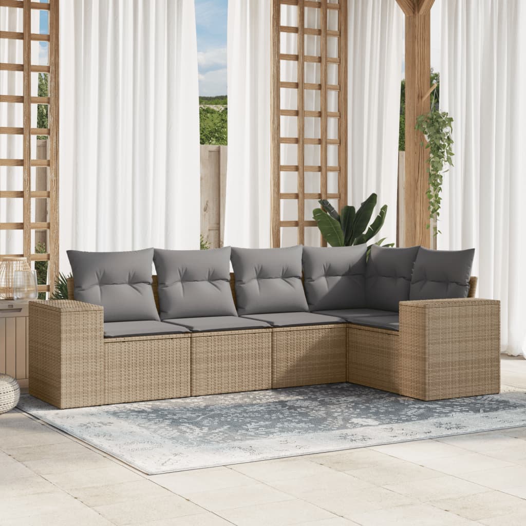 vidaXL 5-tlg. Garten-Sofagarnitur mit Kissen Beige Poly Rattan