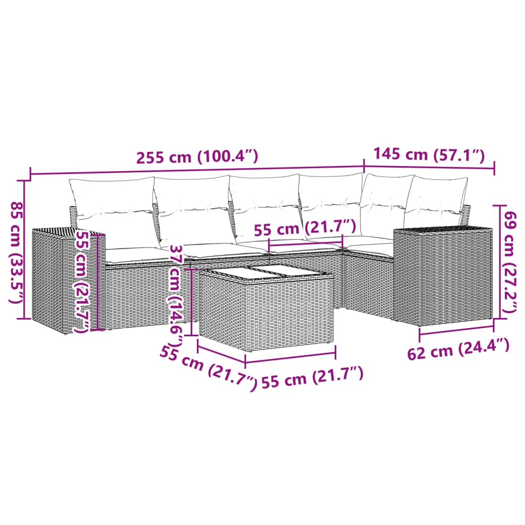 vidaXL 6-delige Loungeset met kussens poly rattan zwart afbeelding