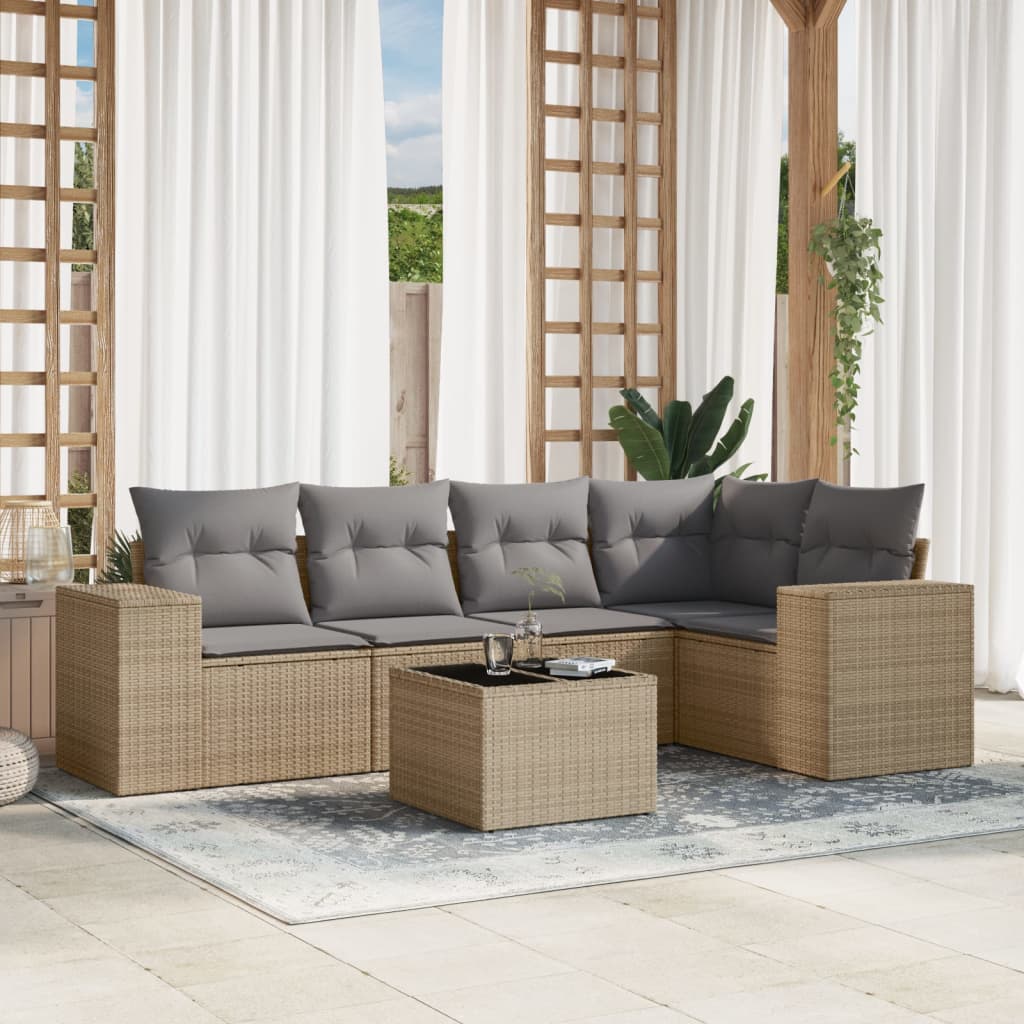 vidaXL 6-tlg. Garten-Sofagarnitur mit Kissen Beige Poly Rattan