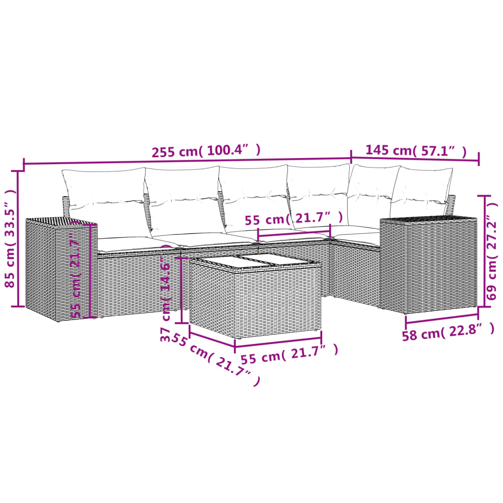vidaXL 6-delige Loungeset met kussens poly rattan bruin afbeelding