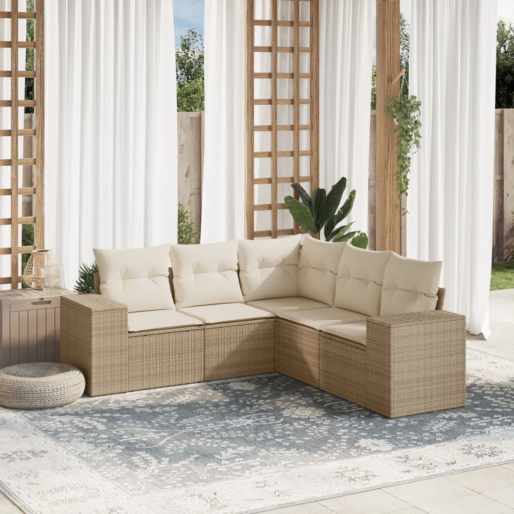 vidaXL 5-tlg. Garten-Sofagarnitur mit Kissen Beige Poly Rattan