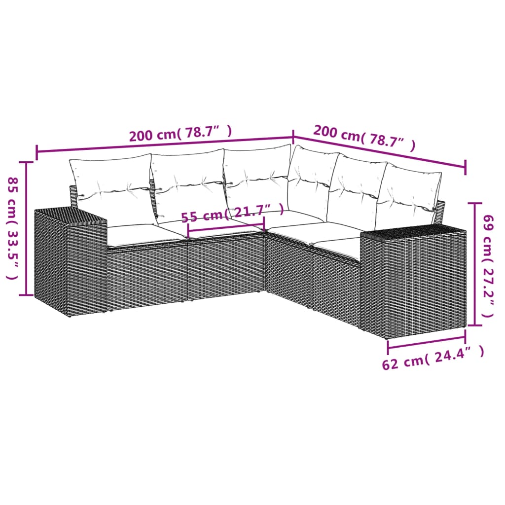 vidaXL 5-delige Loungeset met kussens poly rattan beige afbeelding