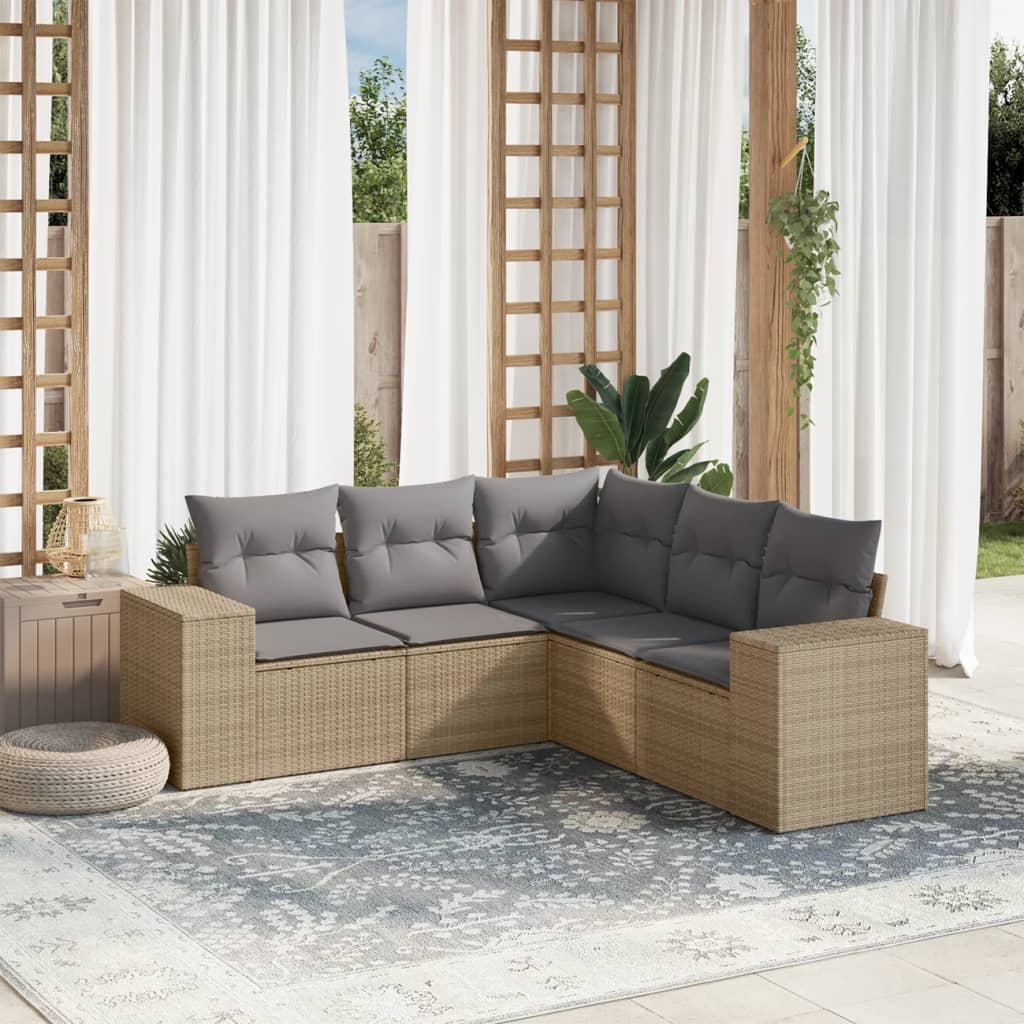 vidaXL 5-tlg. Garten-Sofagarnitur mit Kissen Beige Poly Rattan