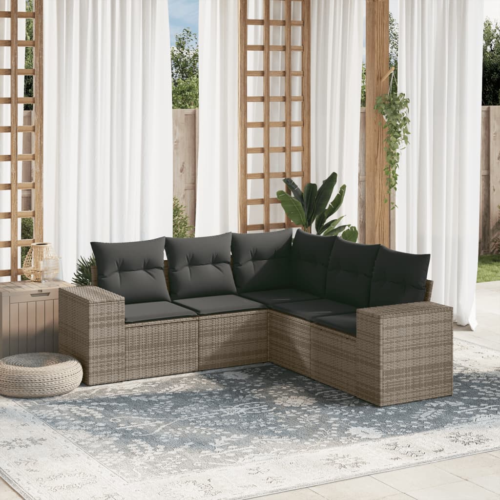 5-tlg. Garten-Sofagarnitur mit Kissen Grau Poly Rattan