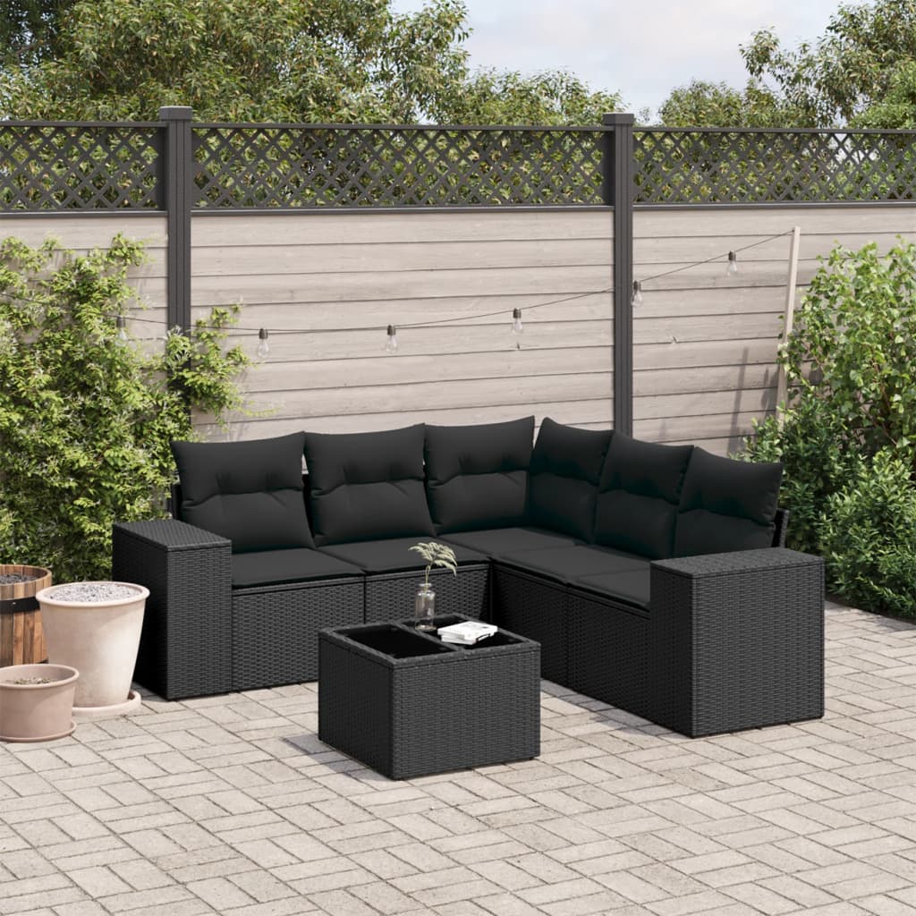 vidaXL 6-tlg. Garten-Sofagarnitur mit Kissen Schwarz Poly Rattan