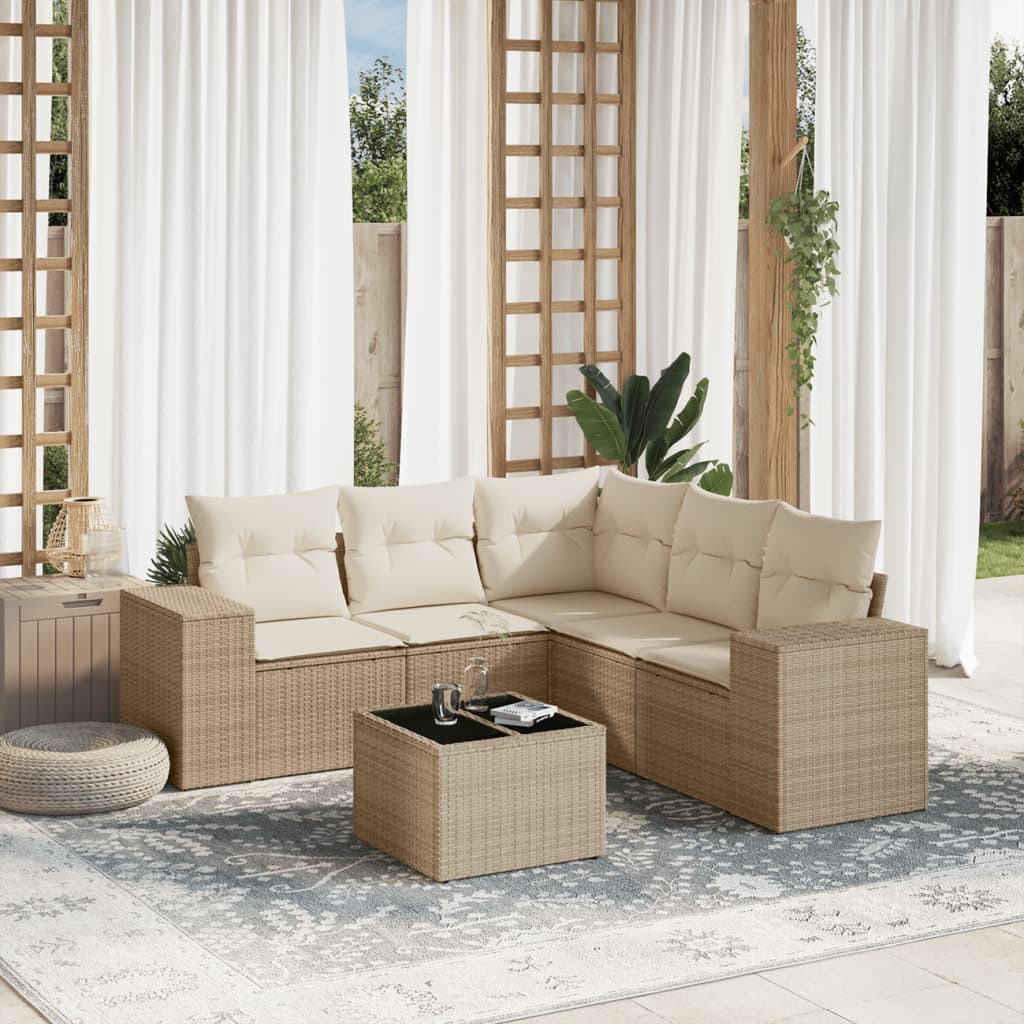 vidaXL 6-tlg. Garten-Sofagarnitur mit Kissen Beige Poly Rattan