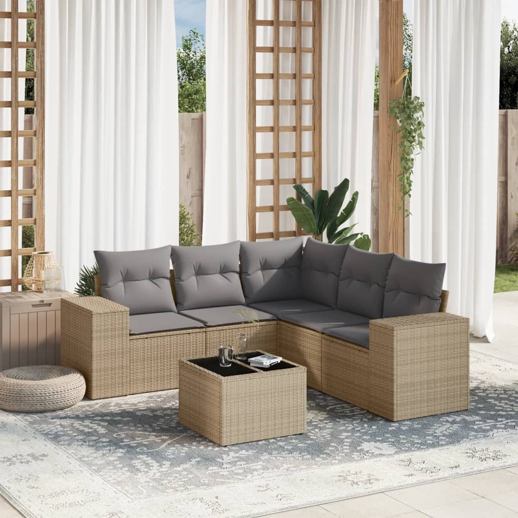 vidaXL 6-tlg. Garten-Sofagarnitur mit Kissen Beige Poly Rattan