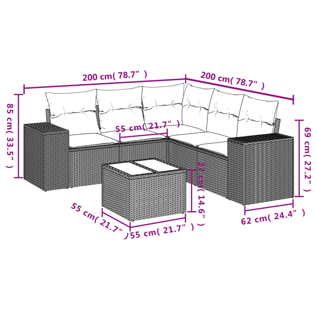vidaXL 6-delige Loungeset met kussens poly rattan grijs afbeelding