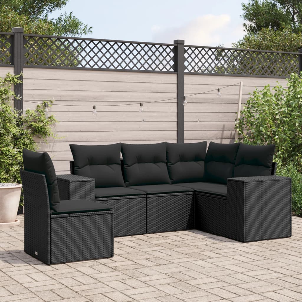 vidaXL 5-tlg. Garten-Sofagarnitur mit Kissen Schwarz Poly Rattan