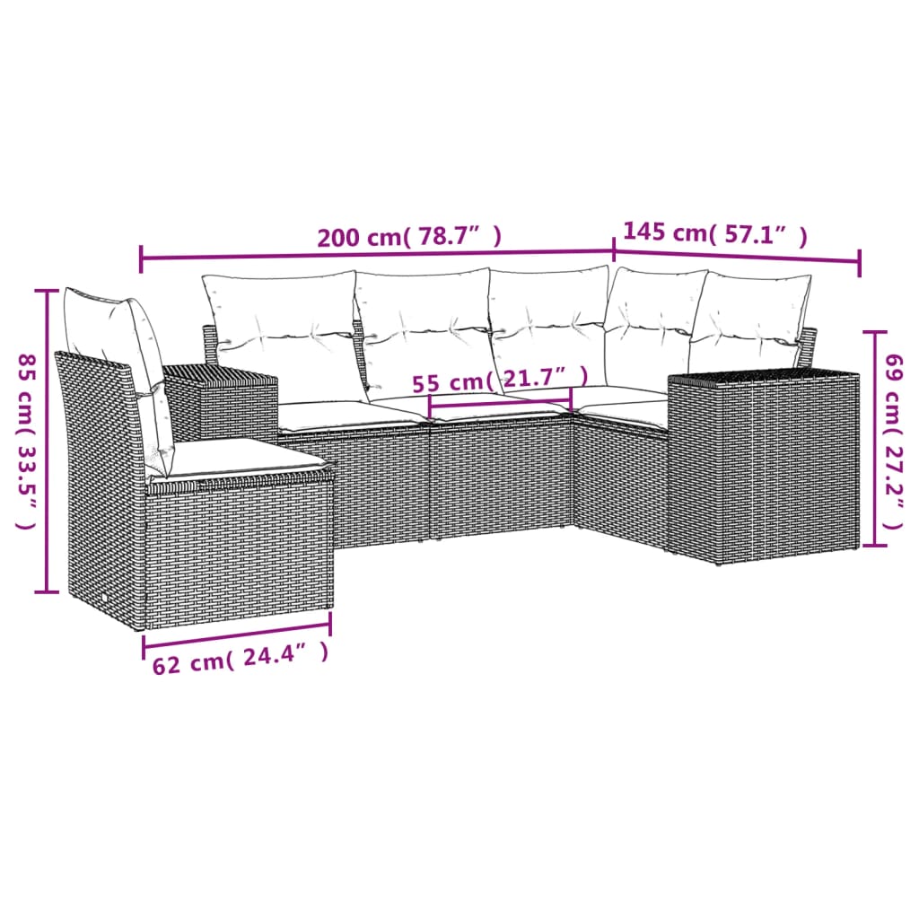 vidaXL 5-delige Loungeset met kussens poly rattan grijs afbeelding