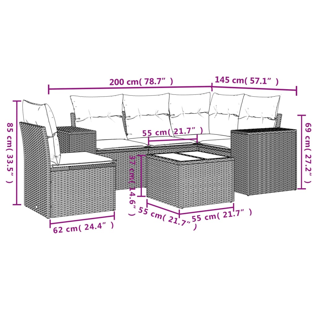 Set mobilier de grădină cu perne, 6 piese, negru, poliratan 3254912 - imagine 3