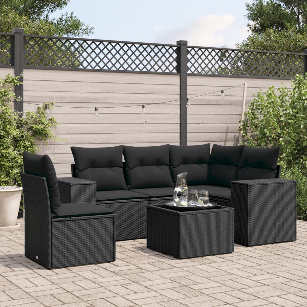 vidaXL 6-tlg. Garten-Sofagarnitur mit Kissen Schwarz Poly Rattan