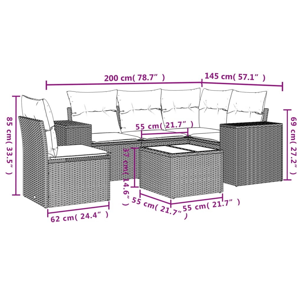 vidaXL 6-delige Loungeset met kussens poly rattan beige afbeelding
